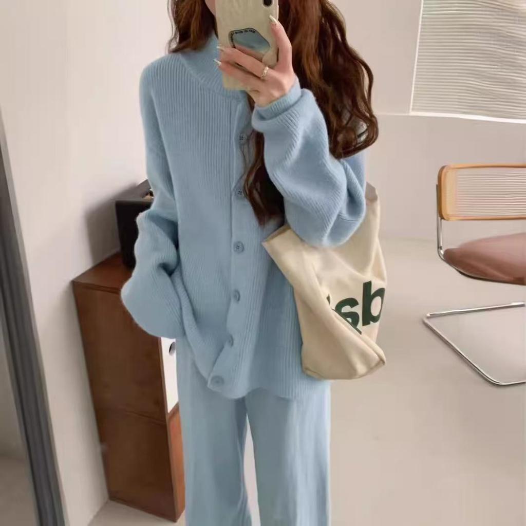 Fashionable Single-Breasted Collared Knitwear Set Women's Autumn/Winter New Arrival Cardigan Sweater Outerwear + Wide Leg Trousers Two-Piece Set