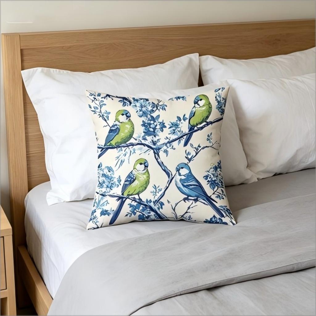 Vintage Blue Bird Floral Print Pillow Cover, Retro Botanical Parrot Cushion Case For Sofa Bedroom Living Room Home Decor