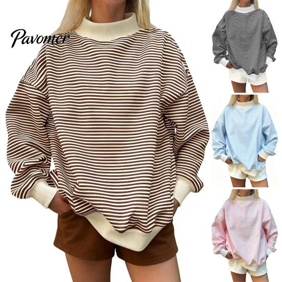 Sporty Workout Tops Women Mock Neck Striped Sweatshirt, Oversized Long Sleeve Pullover Top for Fall, Casual Half Turtleneck Shirt with Ribbed Cuffs