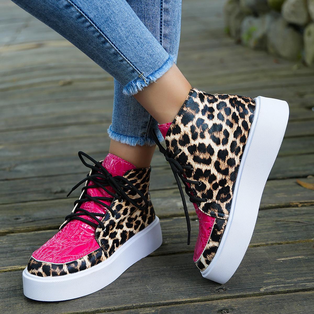 Autumn new leopard print large size platform high-top single shoes casual lace-up board shoes 36 красный