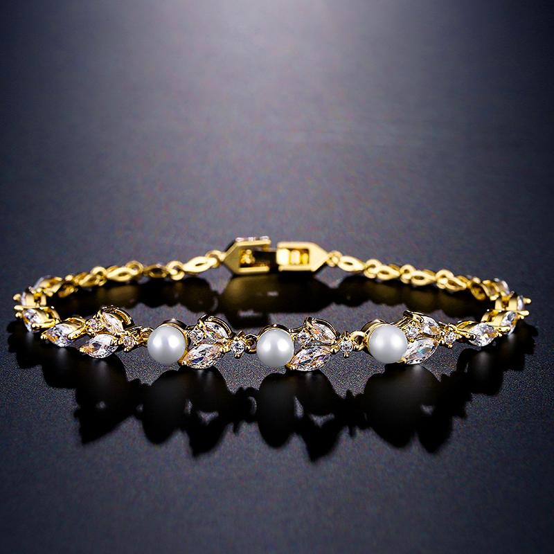 ZAKOL New Classic Leaf Zircon Imitation Pearl Charm Bracelets for Women Wedding Bride Bracelet Female Stylish Jewelry