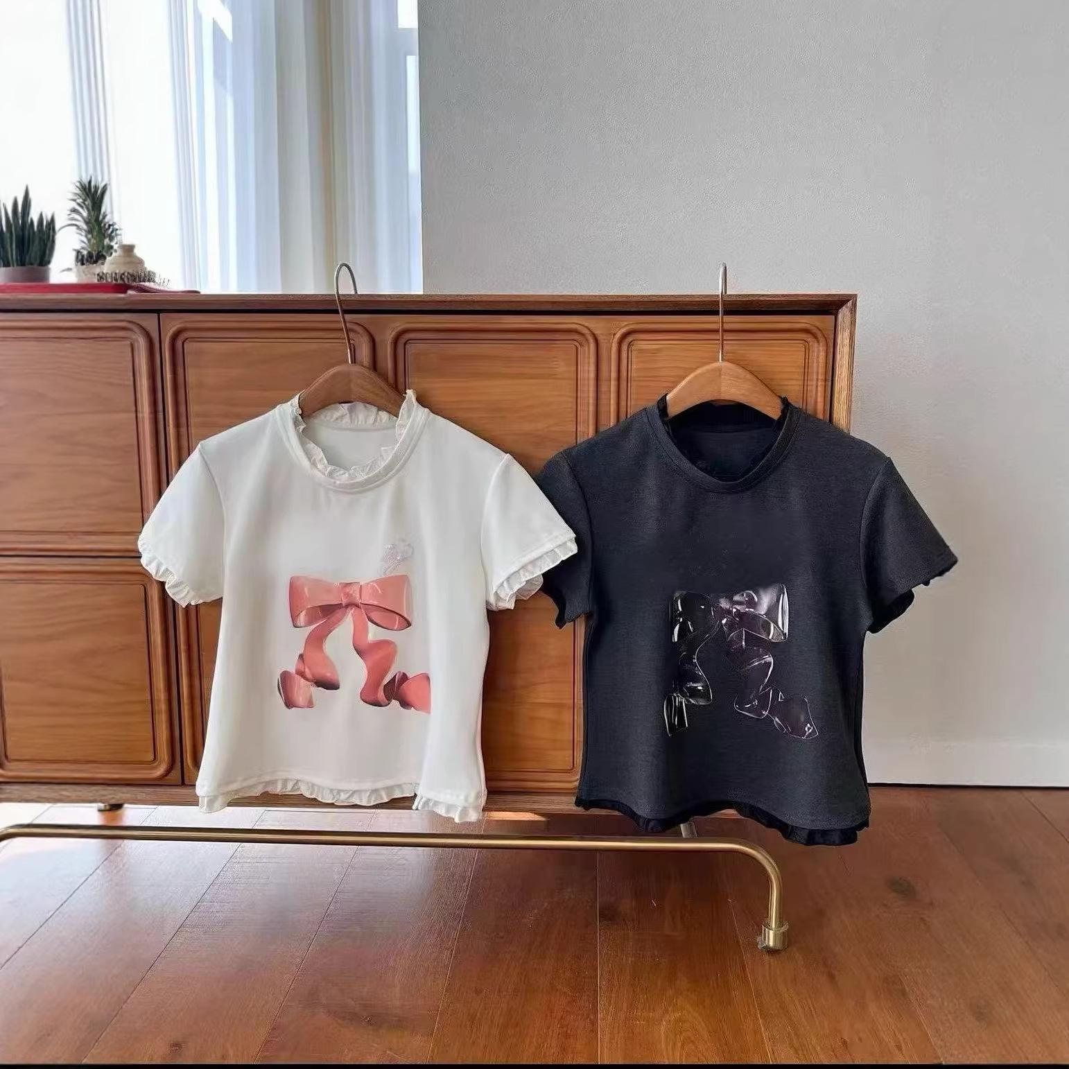 Summer letter embroidered bow printed short-sleeved T-shirt pure cotton casual versatile S белый