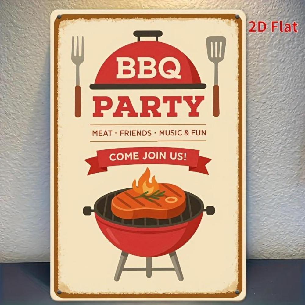 Vintage BBQ Party Metal Wall Decor Retro Grill Party Sign with Red BBQ Grill Graphic HeavyDuty Tin Plaque for Kitchen Fo