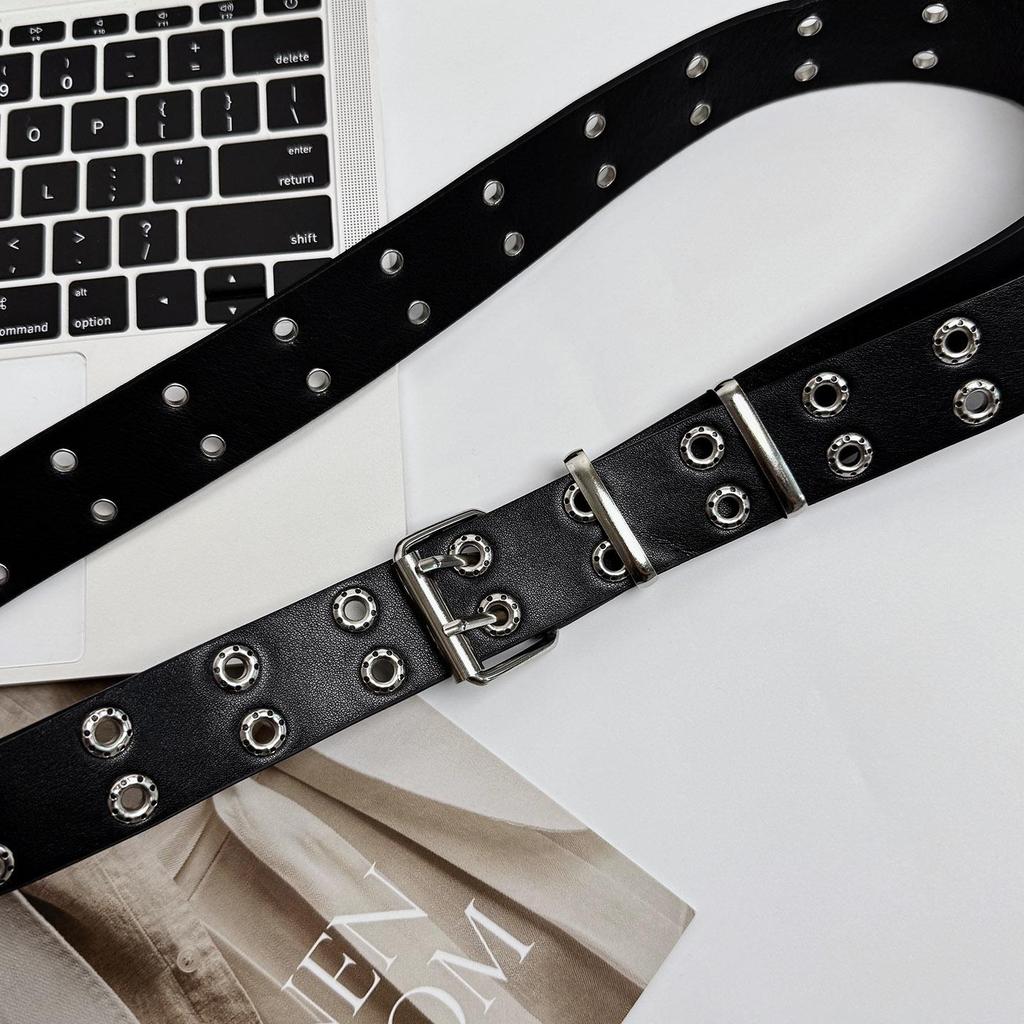 Y2K Punk Black Leather Belt for Women - Cutout Rivet, Double Row Buckle, Full Hole Design