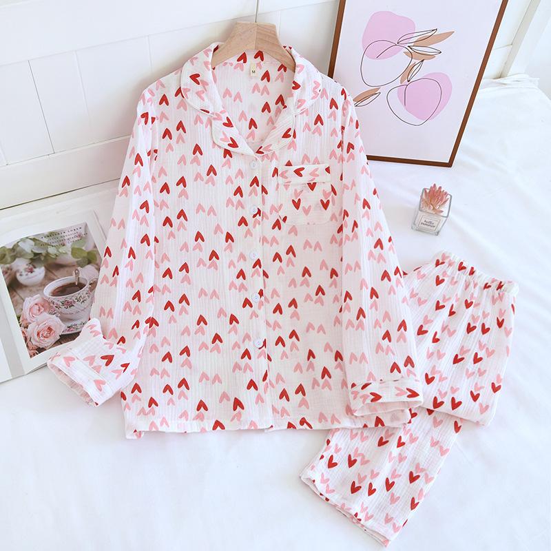 Spring New Ladies Pajamas Set Heart Printed Crepe Cotton Double-layer Gauze Turn-down Collar Long-sleeve Trousers Household Wear