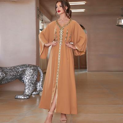 Khaki Handmade Sewn Diamond Middle East and Southeast Asia Tourism Long Sleeved Dress Abaya