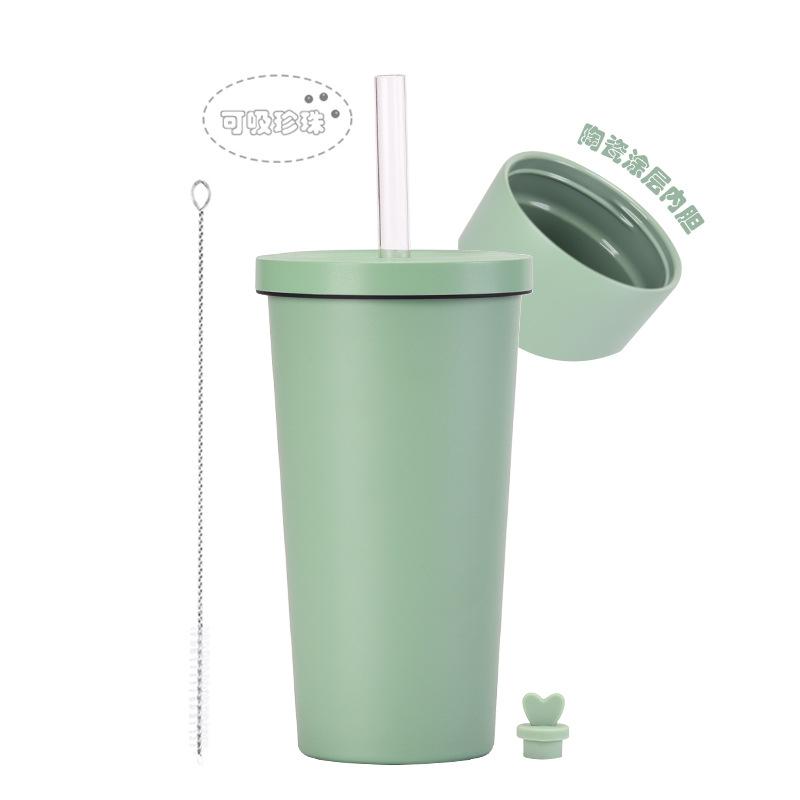 

2025500 мл Кружка-соломинка из нержавеющей стали Внутреннее покрытие из керамики Вакуумная двухслойная кружка-соломинка для бабл-ти 500ml