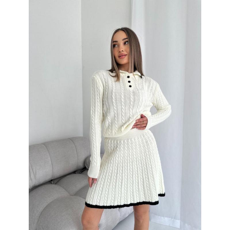 New Casual Skirt Suit With Long-Sleeve Knitted Buttoned Sweater + Short Skirt Two-Piece Set For Women