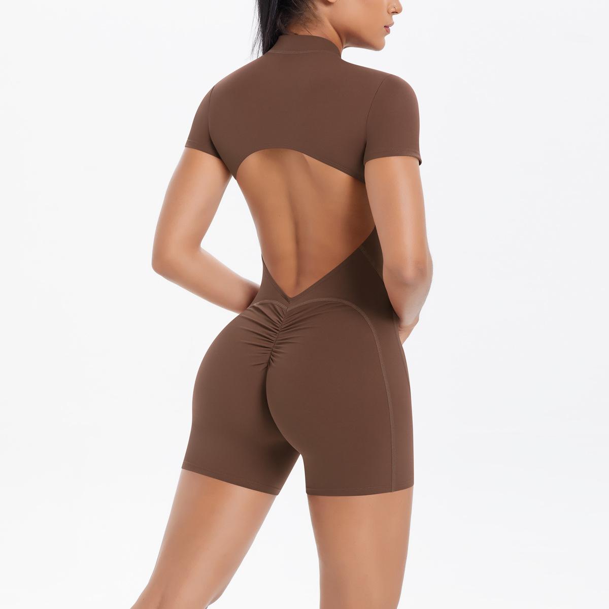 Großer rückenfreier Yoga-Jumpsuit mit halbem Reißverschluss, Tanz-Fitness-Jumpsuit, Nude, eng anliegender Sport-Jumpsuit für Damen M brown