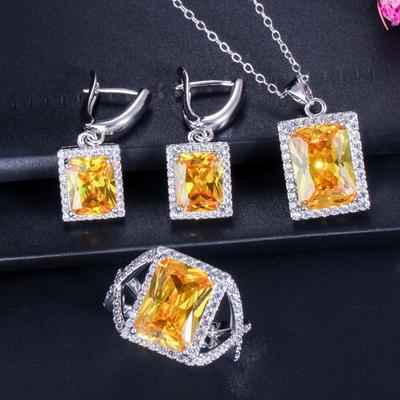 WWJ Romantic Big Square Cubic Zirconia Ring Pendant Necklace Earring Sets