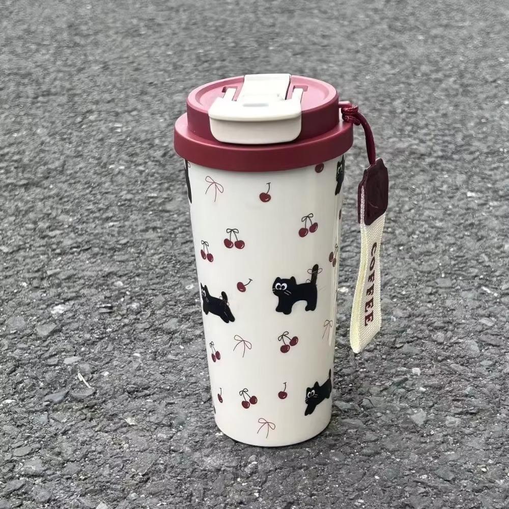 Durable 500ml Coffee Cup Cartoon Cat Pattern Stainless Steel Straw Cup Leak-Proof with Straw Thermal Cup Office