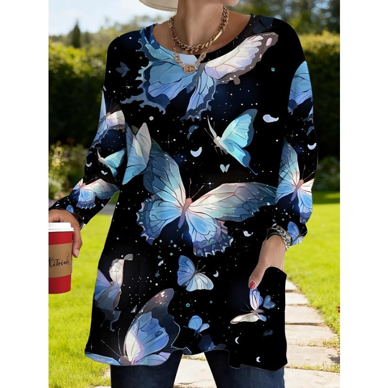 Women s Plus Size Long Sleeve Loose T-Shirt with Pocket Design Starry Sky Blue Butterfly Print S