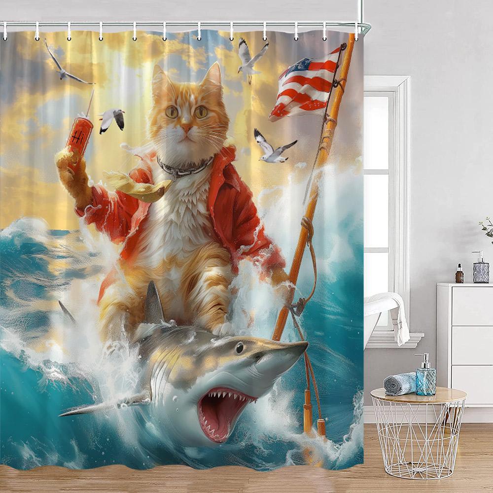 Grappige Katten Douchegordijn Katten Rijden op Haaien Cool Schattige Katten Honden Bloemen Zomer Badkamer Decoraties Polyester Badgordijn