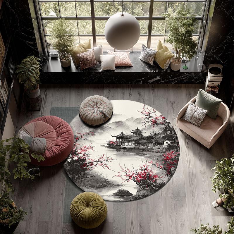 Landscape Painting pattern round rug,Carpet Rug for Living Room Bedroom Playroom ,Non-slip Floor Mat,Holiday Gifts and Birthday Gifts.
