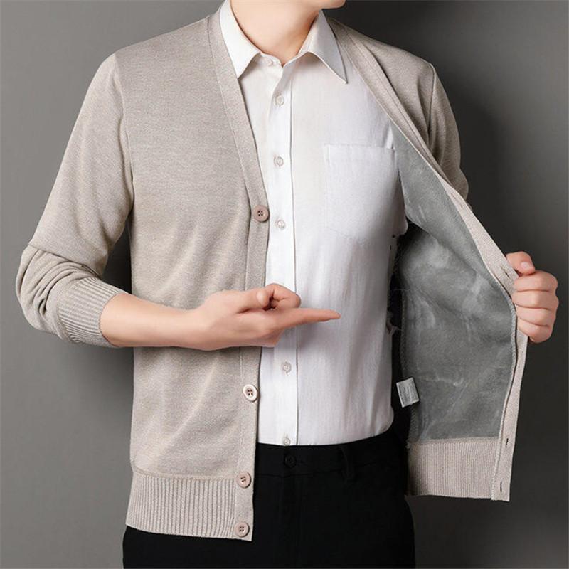 Autumn Winter Men's Smart Casual Knit Cardigan V-neck Sweatercoat Men Solid Knitting Fleece Sweaters Outwear