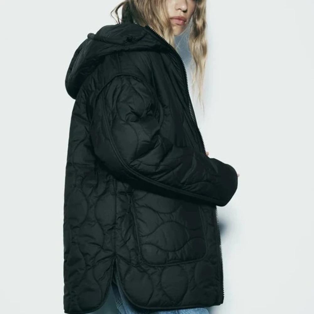 Hooded Jacket Autumn and Winter Zipper Long Sleeve Warm Solid Color Cotton Clothing Fashionable Women's Tops