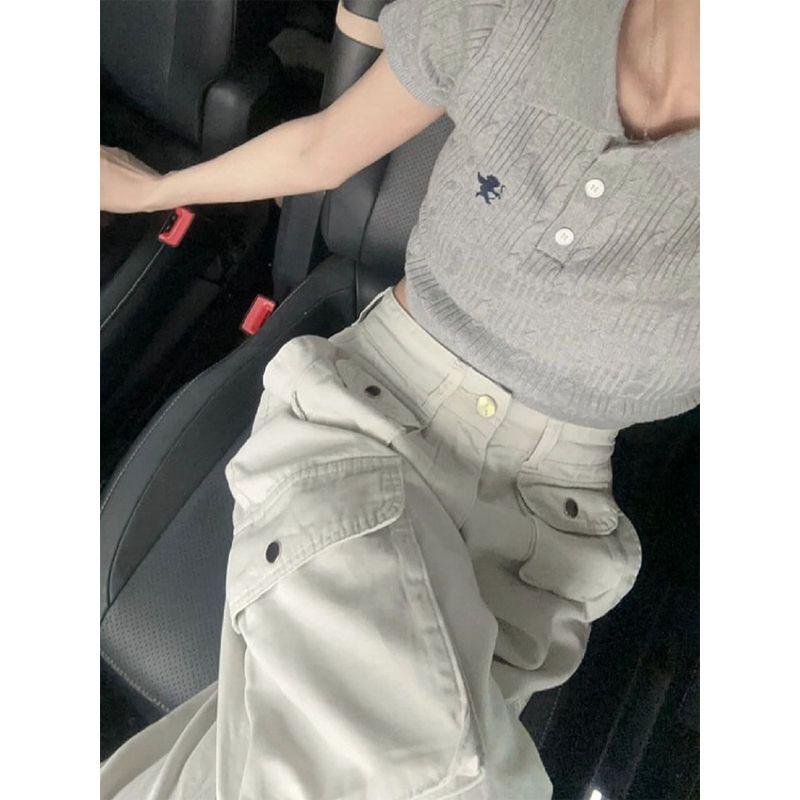 

Small Sexy Style Mop Denim Female Vibe American Sand White Multi-Pocket Straight Wide Leg Workwear Pants Sand White small section((145-155)]) XL