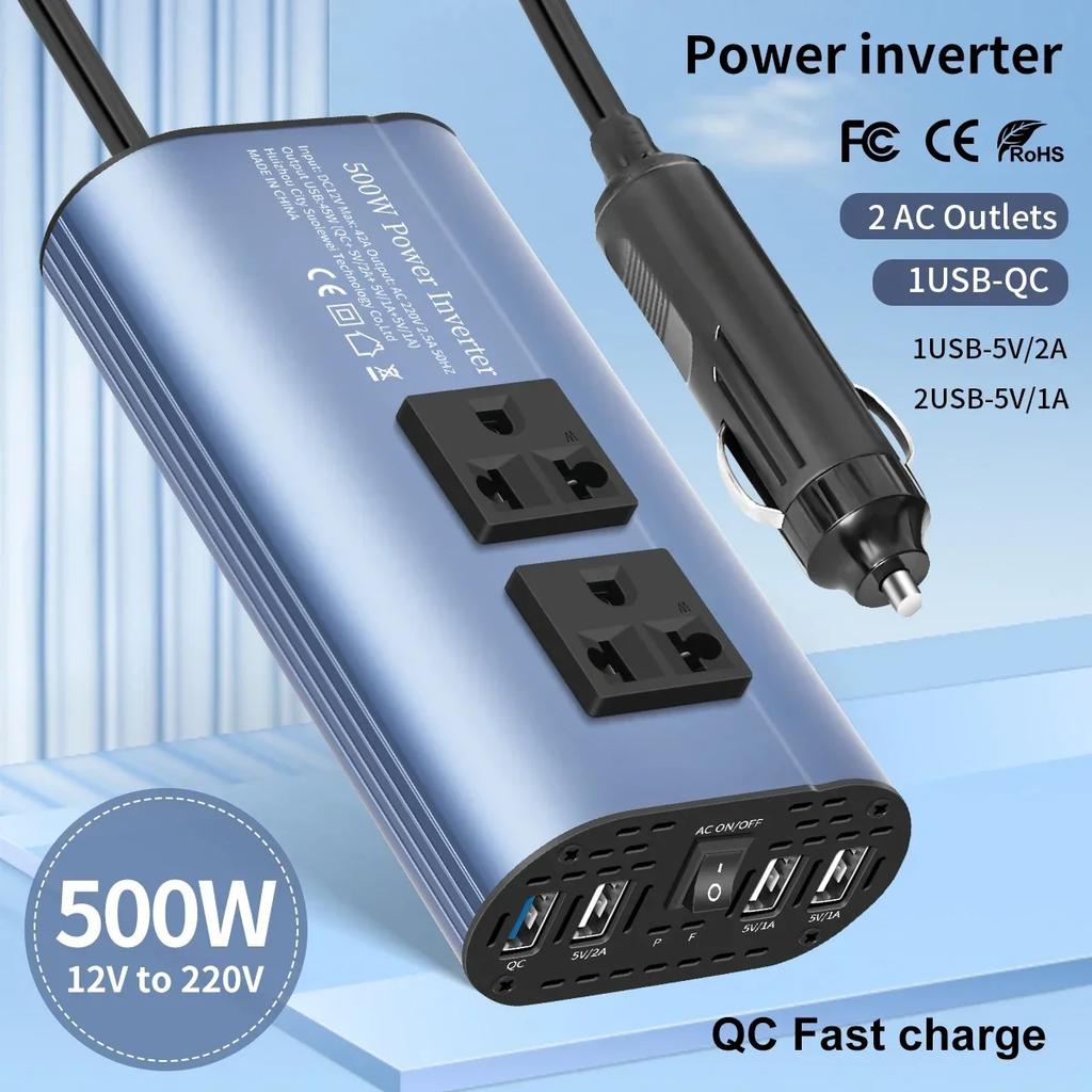 400W/500W/1500W Car inverter DC 12V to AC 220V converter, 3USB 2.0 and 1USB QC3.0 European standard socket