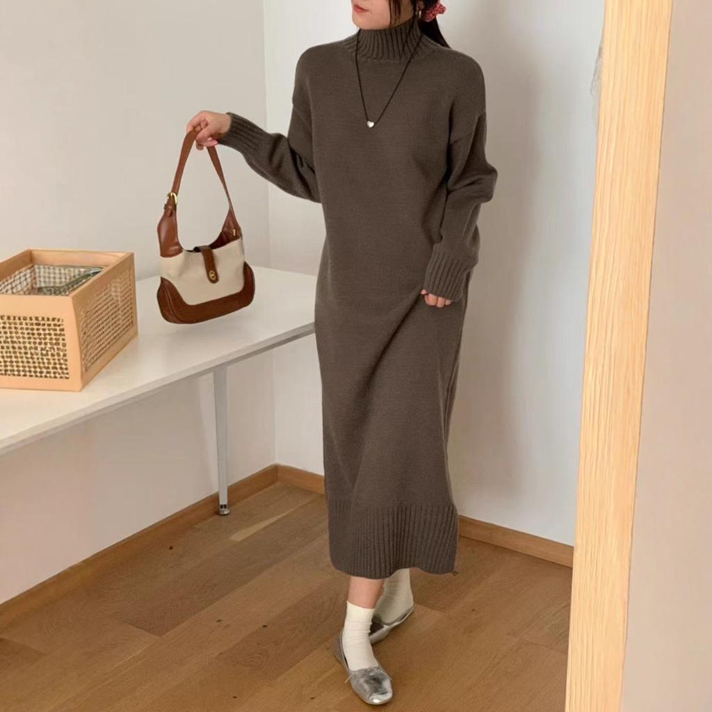 European and American new half-high neckline side slit loose lazy style long-sleeve thickened solid knit long skirt for women