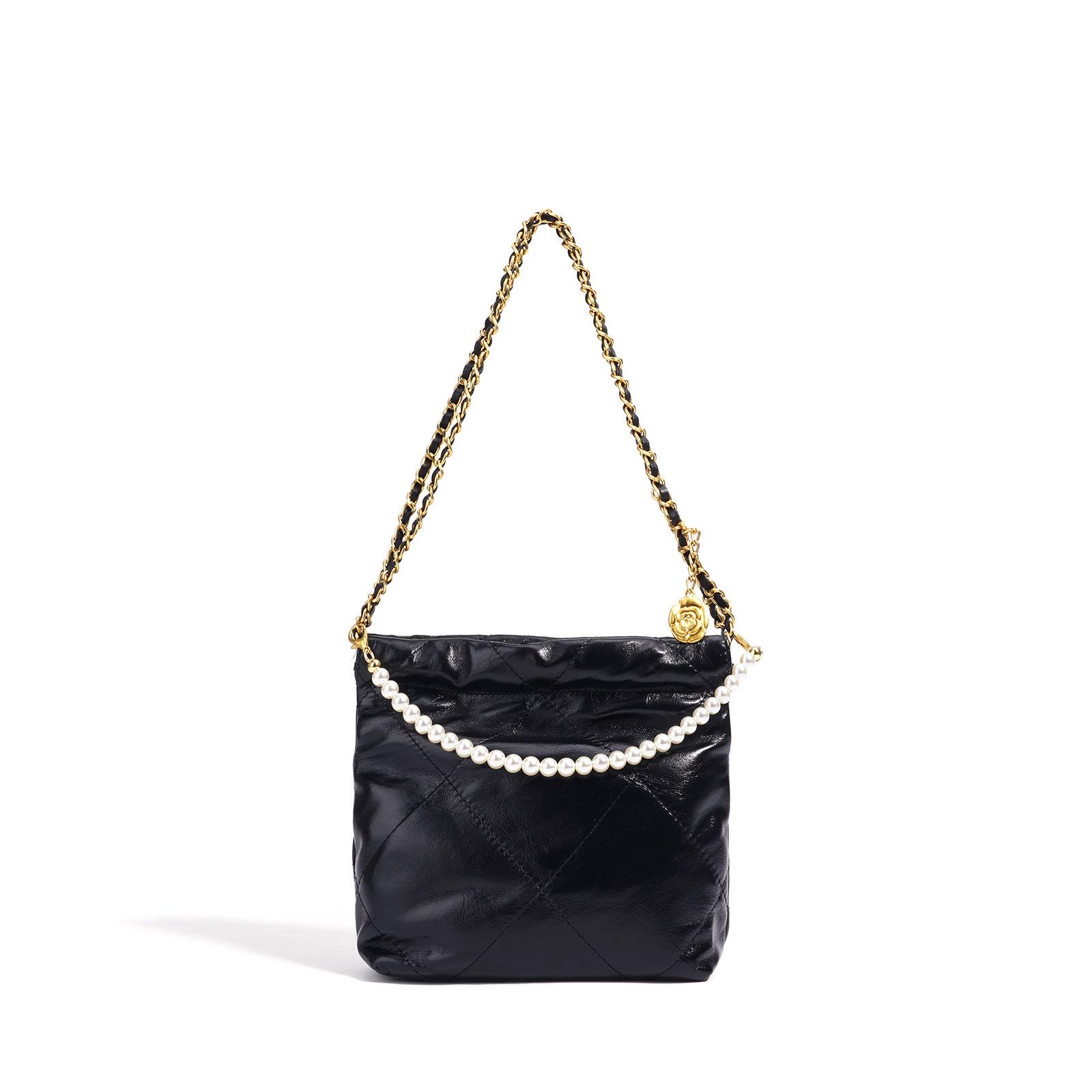 

Сумка-тоут на плечо с ромбовидной цепочкой и жемчугом, портативная, новая модная сумка-мешок, диагональная, женская чёрный