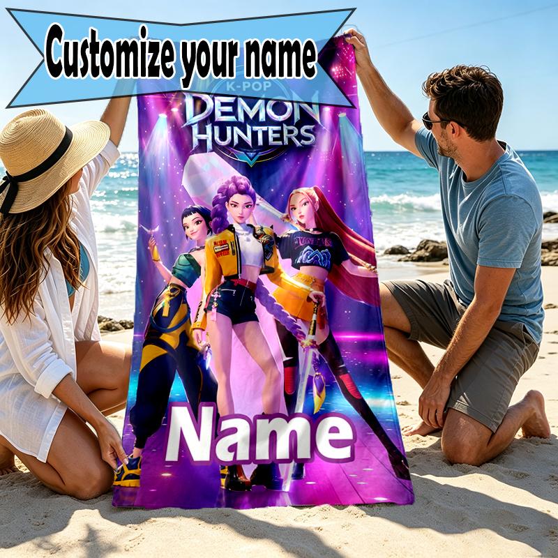 Custom Name Personalized KPop Hunters Print Beach Towel, for Trip Camping Beach Party Home Decor, Birthday Gift for Family & Friends