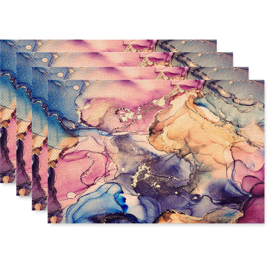 Anti Fouling and Heat-insulating Table Mat 4PC Placemat Watercolor Marble Printed Fabric Linen Placemat  Western Style Placemat
