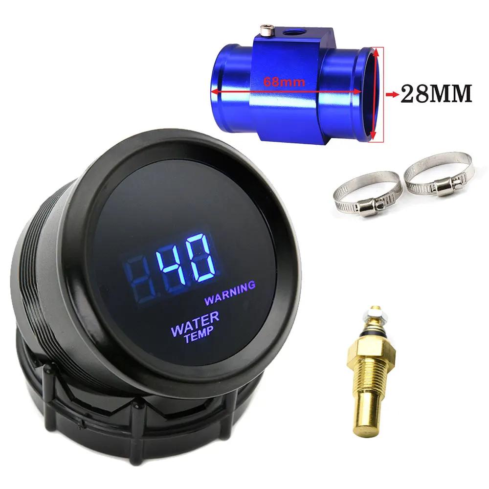 52mm Wassertemperaturanzeige Blaue LED-Beleuchtung mit 16mm-40mm Anschlussrohr-Adapter Schwarz/Blau mit Wassertemperatur 1/8NPT Sensor