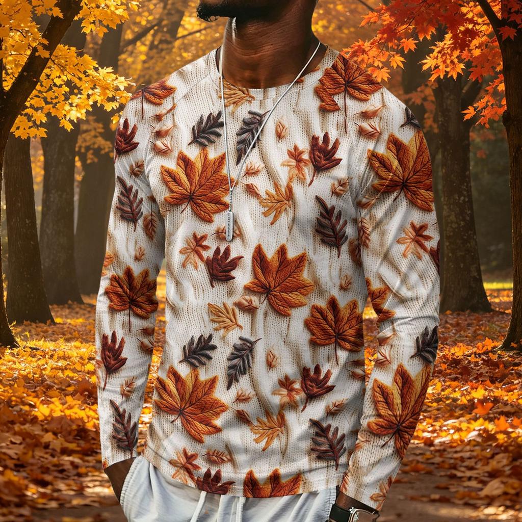 T-shirt da uomo a maniche lunghe con stampa di foglie d'acero, top casual leggero girocollo per autunno e inverno