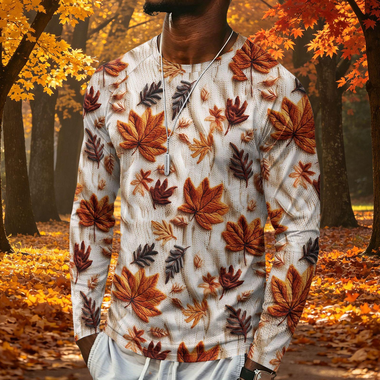 Men s Long Sleeve Maple Leaf Print Tee, Lightweight Round Neck Casual Top for Fall and Winter S