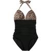 Women's Leopard Print & Black Halter One Piece Swimsuit - Ruched Tummy Control Metal Accent Beachwear
