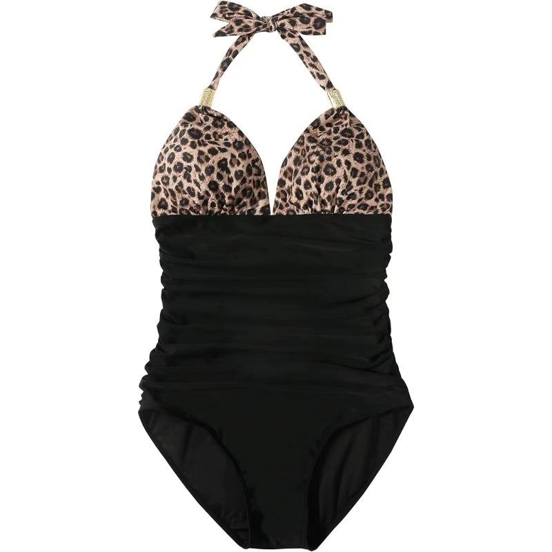 Women's Leopard Print & Black Halter One Piece Swimsuit - Ruched Tummy Control Metal Accent Beachwear