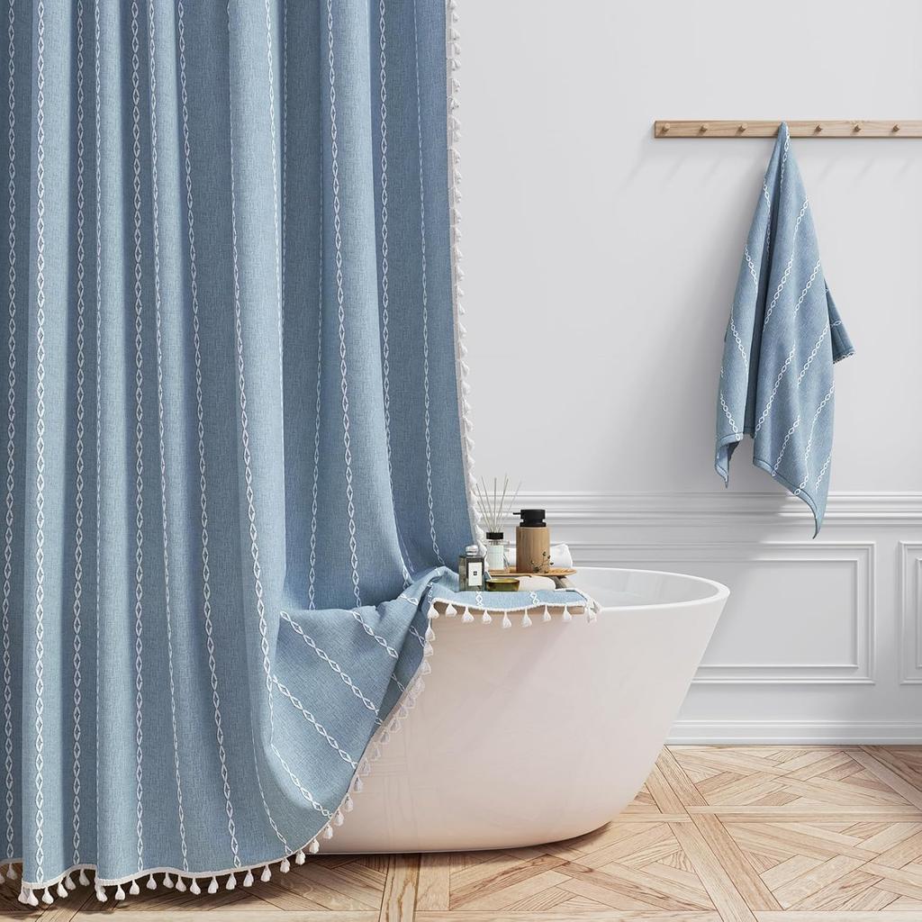 300GSM Thickened Polyester Linen Blend Shower Curtain, Waterproof Lotus Coating, Vertical Stripes with Tassel Hem