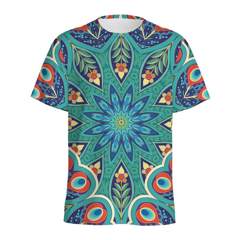 Boho Peacock Feather Pattern T-shirt For Men Vintage Crew Neck Short Sleeves 3D Printed T Shirts Women Summer Street Tees Tops