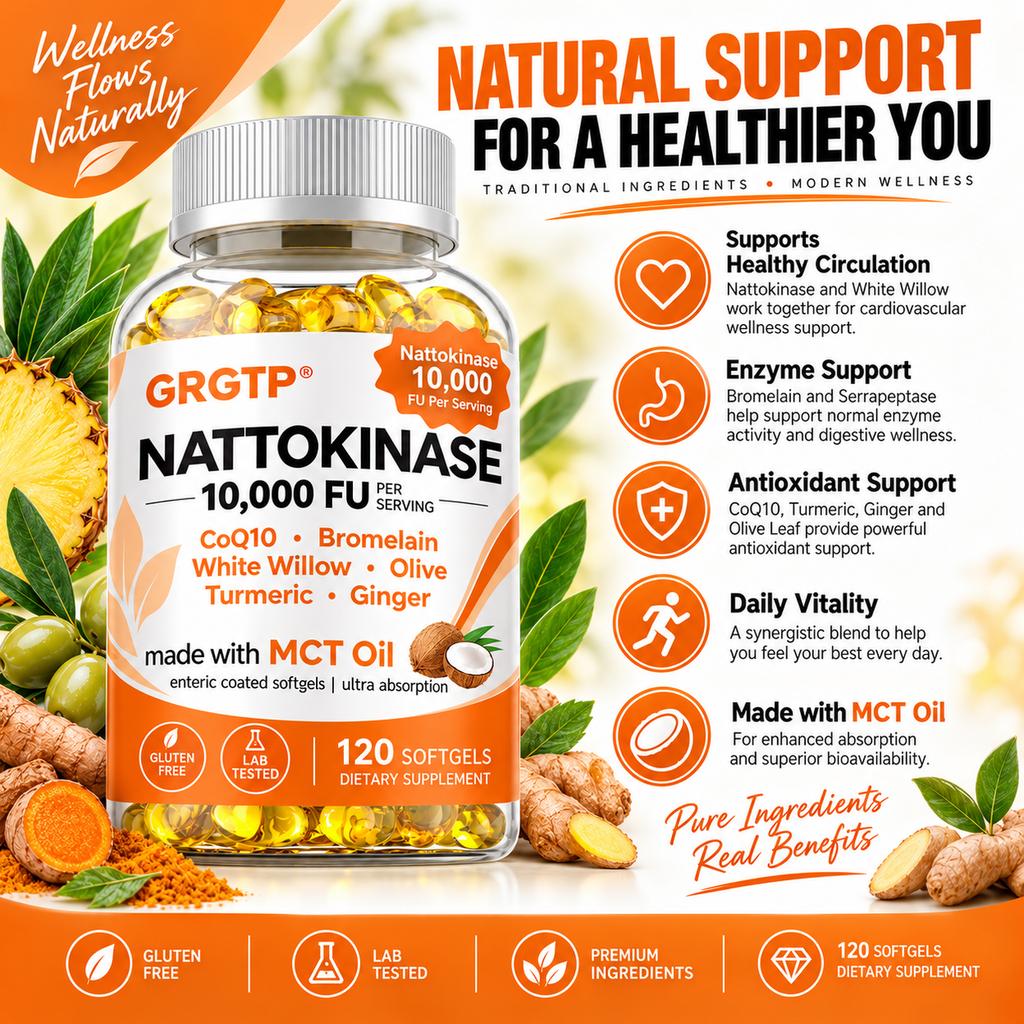Plant-Derived Enzyme Complex Capsules, Nattokinase 10,000 FU, Coenzyme Q10, Bromelain, Olive & Turmeric Blend, Nutritional Supplement