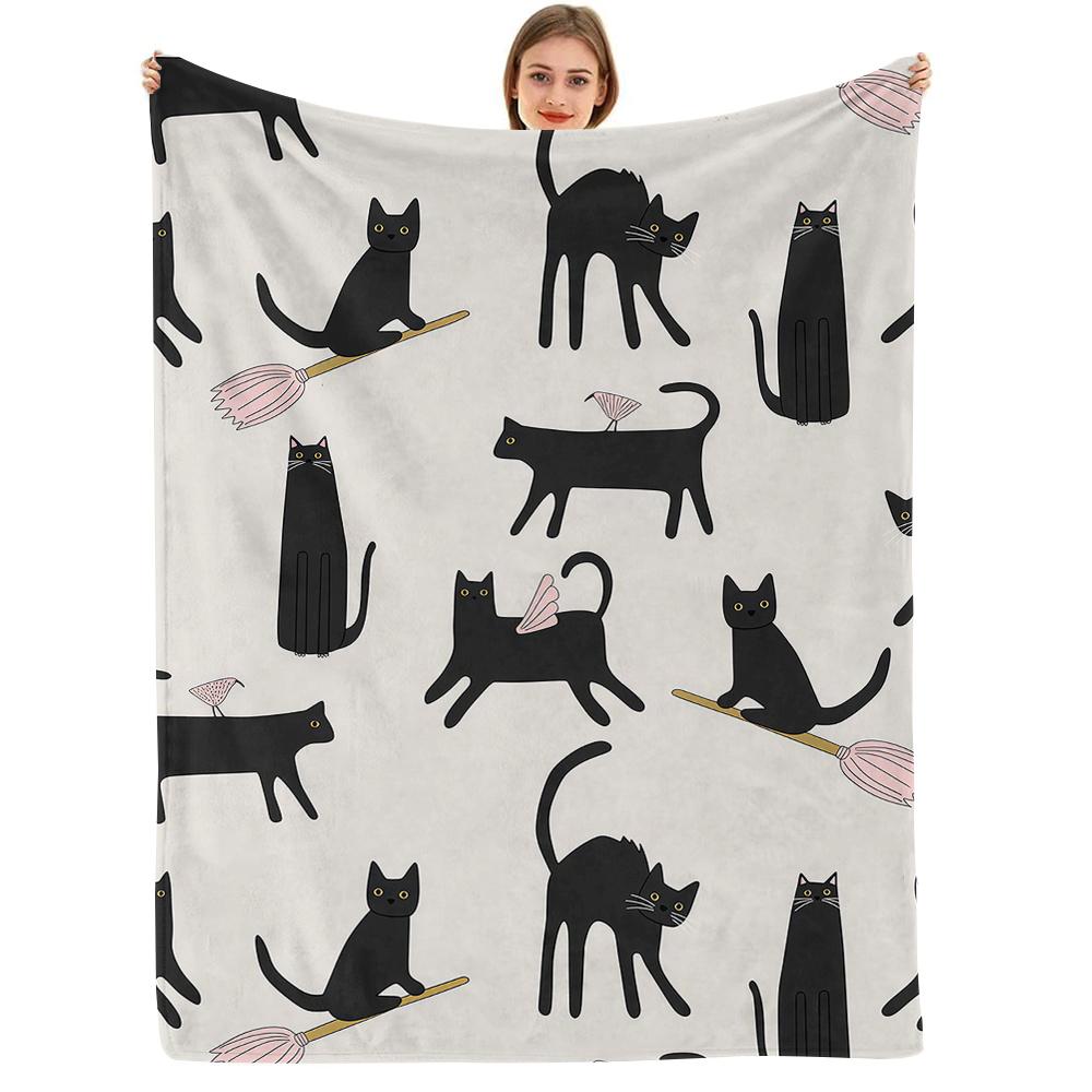 Magic Black Cat Cartoon Anime Print Flannel Blanket Soft Warm Throw For Kids Bedroom Sofa Bed Christmas Office Car