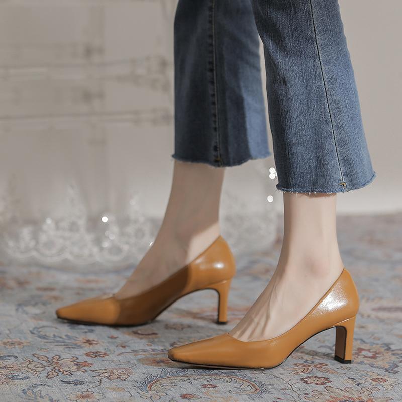 Spring Ins Elegant Women 5cm Block High Heels Pumps Designer Office Lady Square Toe Brown Beige Heels Wedding Dress Shoes