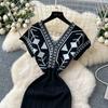 Summer Women Vintage Print V-neck Knitted Sweater Long Maxi Sheath Pullover Dresses