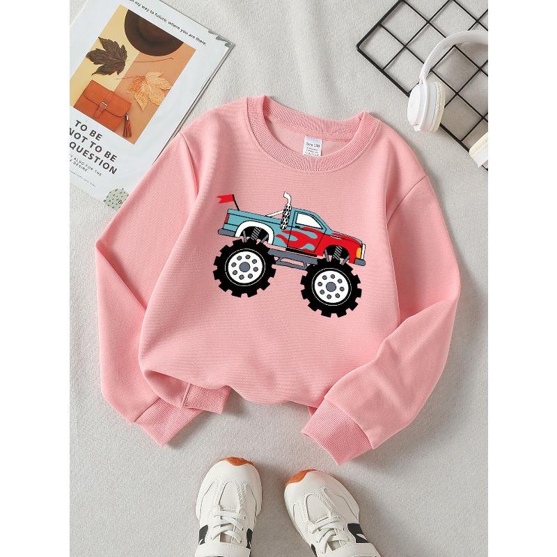 Monster Truck Flame Design Unisex Crew Neck Fashion Sweatshirt, Autumn and Winter Western Style Top, Children's Long Sleeved T-shirt