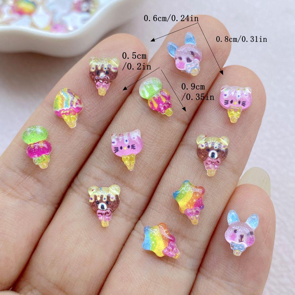 100Pcs Cute Mini Cartoon Little Bear, Star, Rabbit Ice Cream Nail Art Resin Designer Charms DIY Craft For Nail 3D Decorations