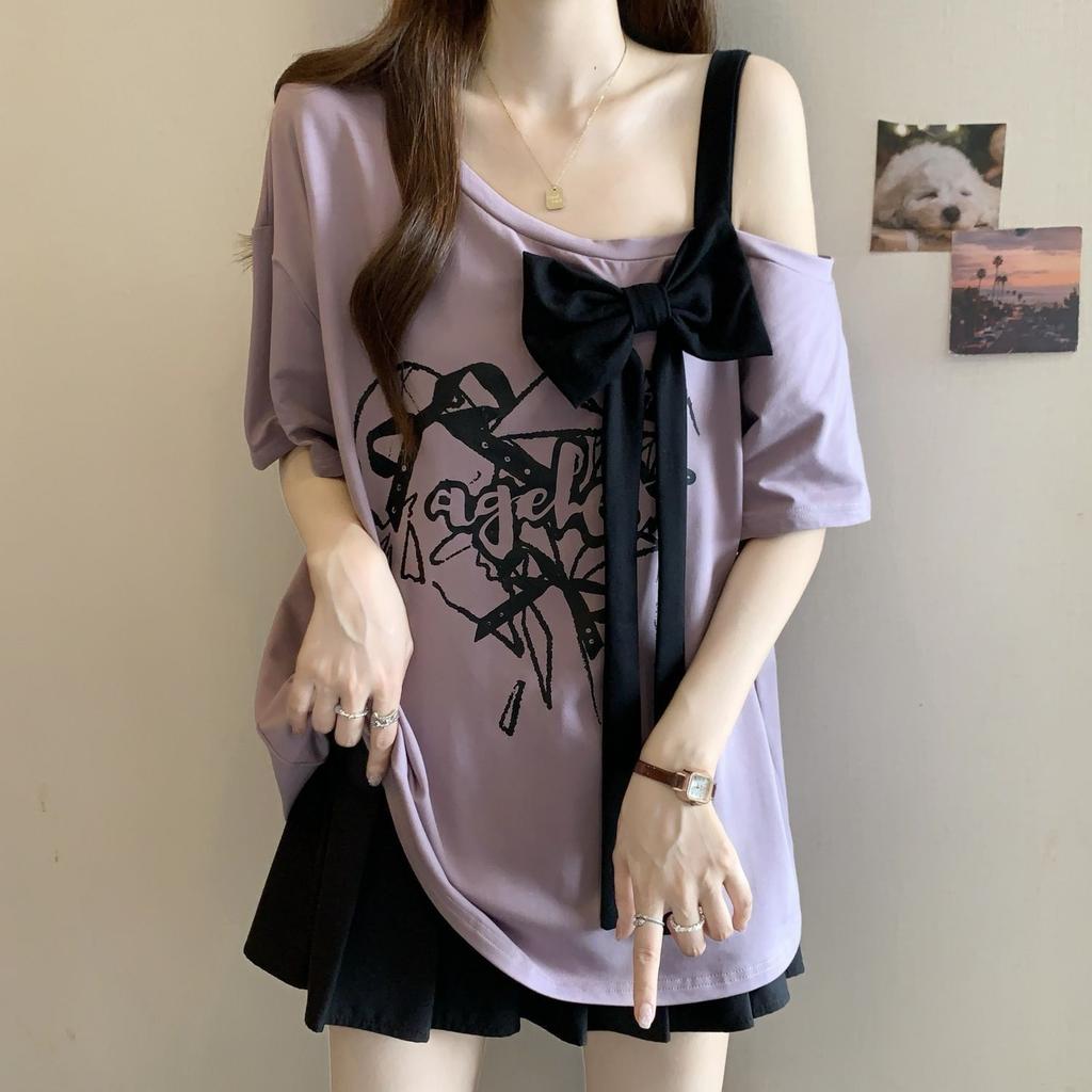 Large size three-dimensional bow off-the-shoulder thin short-sleeved t-shirt women's summer new loose meat-covering fashion top