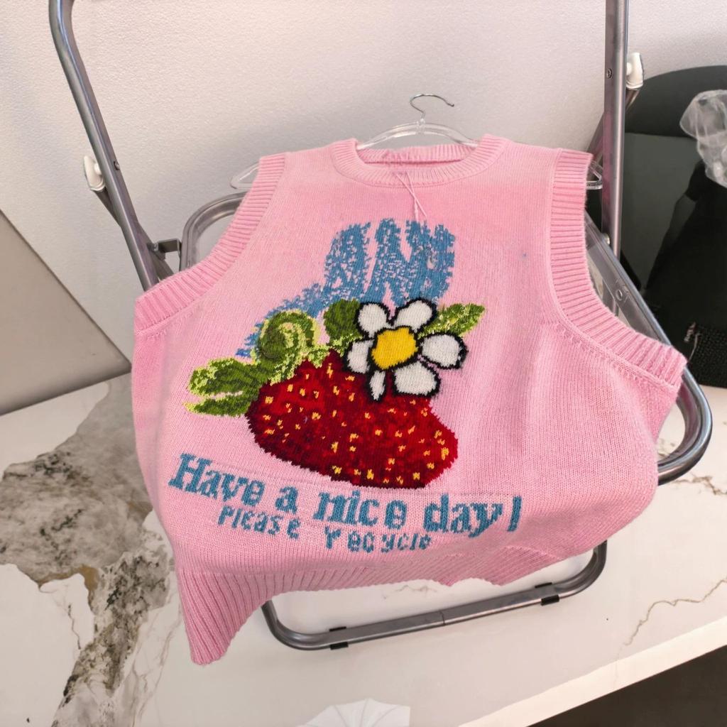 Strawberry Floral Wool Blend Sleeveless Knit Vest