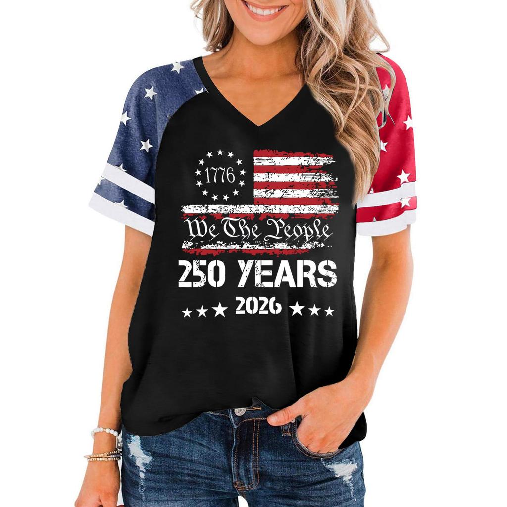 Women's Casual V Neck Short Sleeve Pullover T Shirt Independence Day Graphic Print Top 250 Years Commemorative Design 2026