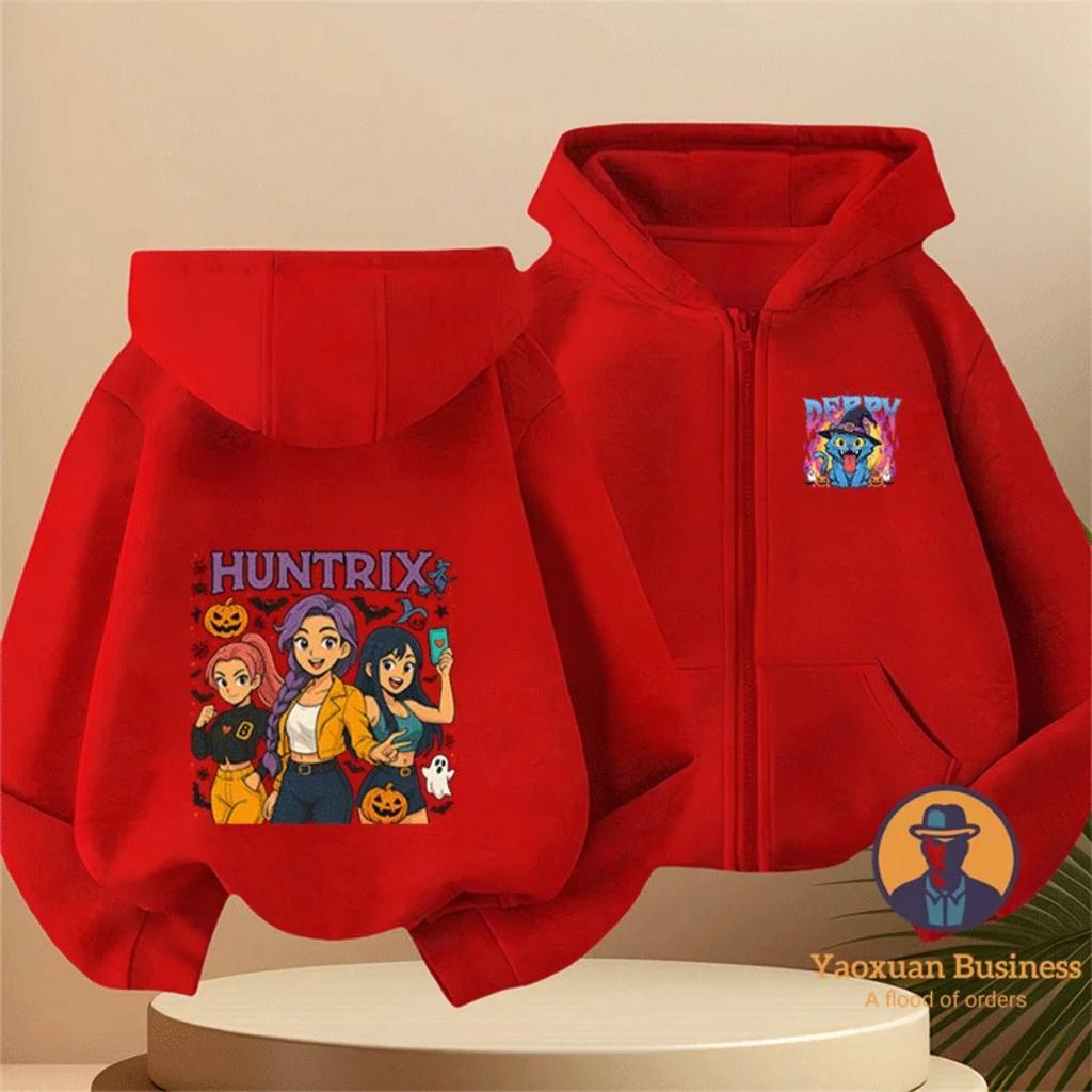 Halloween Style KPop Devil Hunter Girl Children's Zipper Hoodie Cute Cartoon Print Warm Windproof Autumn and Winter Fashion Clothing