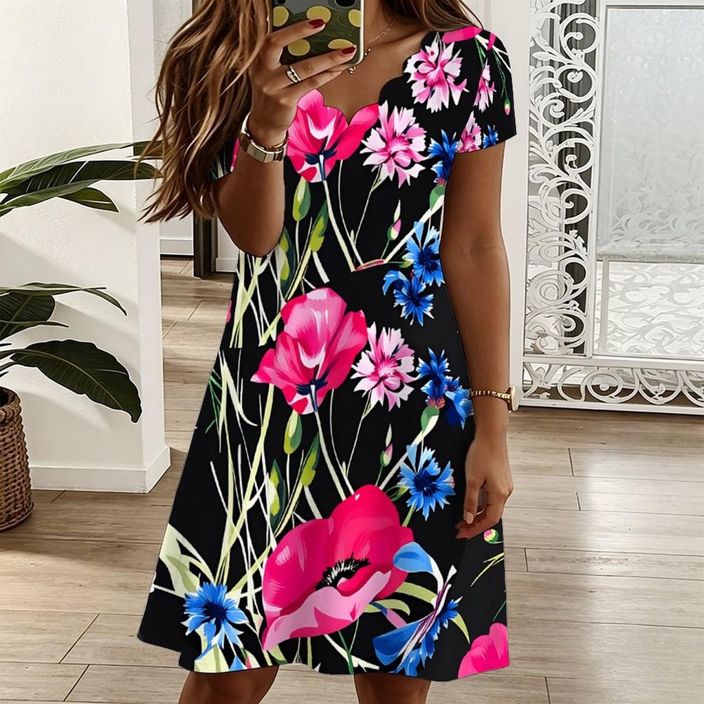 Women V Neck Vivid Blossom Printed Plus Size Summer Short Sleeve Loose Dress