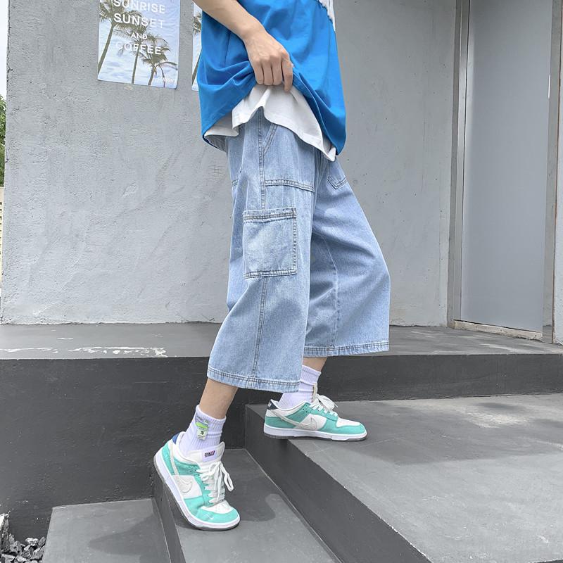 

Мужские модные летние джинсы свободного кроя с прямыми штанинами в гонконгском стиле с универсальными большими карманами XL светло-синий