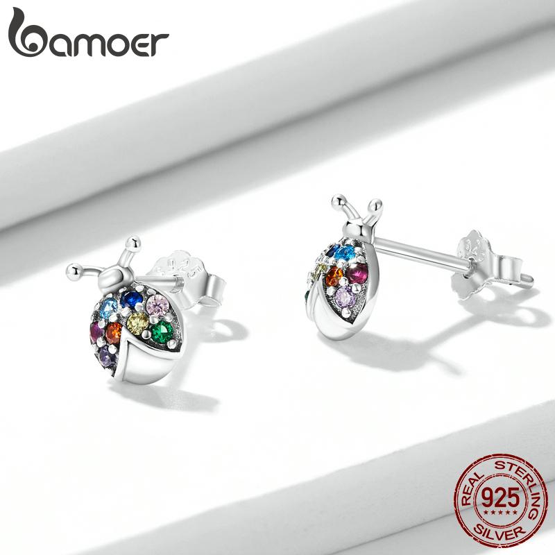 

Женские серьги-гвоздики BAMOER из стерлингового серебра 925 пробы с цветным цирконом и маленьким жуком, ювелирные изделия 925 silver