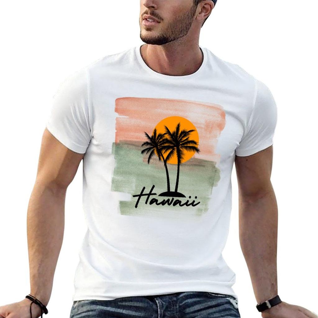 Hawaii - Palm Tree Watercolor Sunset T-Shirt Graphic Print Short Sleeve T-Shirt