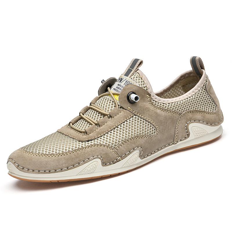 Summer Mesh Breathable Casual Leather Shoes Men's Genuine Leather Summer Men's Mesh Soft Bottom Trendy Beanie Shoes Lazy Casual Shoes