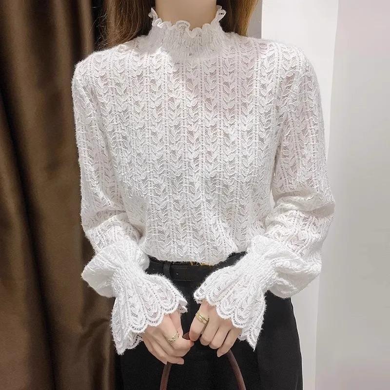 Women's Fall/Winter Mid-Neck Lace Top, Layering Top, Elegant Fleece-Lined Sweater