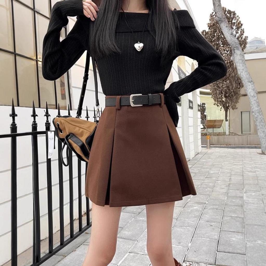 Women's Petite Wool A-Line Pleated Skirt in Coffee - Flattering High-Waisted Pencil Design for Autumn/Winter 2025